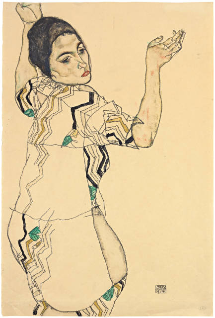 Egon Schiele  : Friederike Beer in gestreiftem Kleid mit  ..., 1914