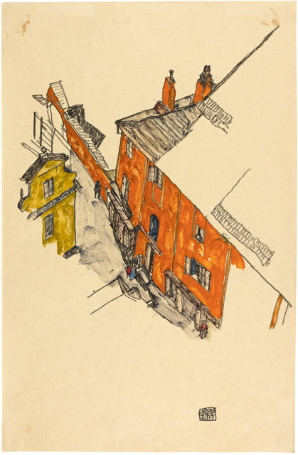 Egon Schiele  : Alte Giebelhäuser in Krumau vom Schlossberg  ..., 1917