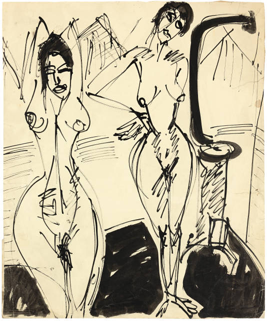 Ernst Ludwig Kirchner  : Nackte Frauen am Ofen – Zwei nackte Frauen  ..., 1914