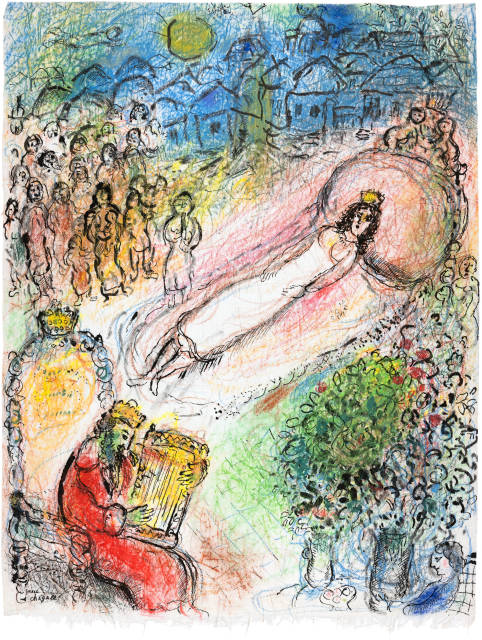 Marc Chagall  : David à la lyre et Bethsabée sur fond rose , 1975