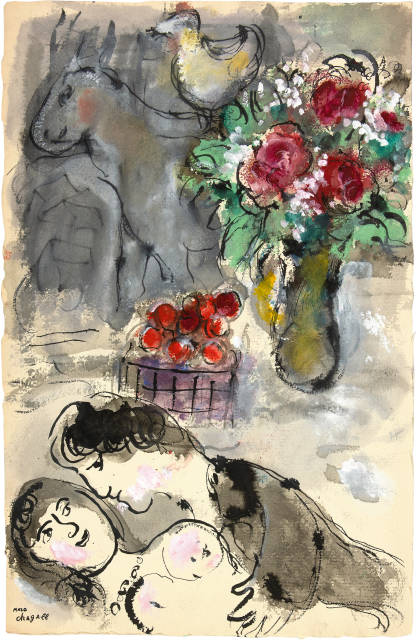 Marc Chagall : Amoureux aux cerises et aux pivoines, 1971