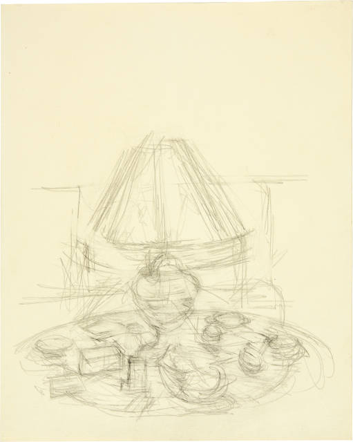 Alberto Giacometti : Lampe et tabatières sur le bureau d'Olivier ..., 1958