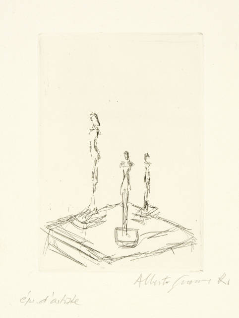Alberto Giacometti : Trois figurines sur une sellette III, 1956