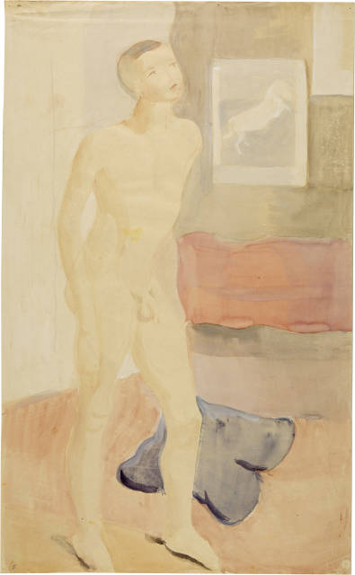 Otto Meyer-Amden : Knabenakt, vor Interieur mit Gemälde mit ..., 1928-1933