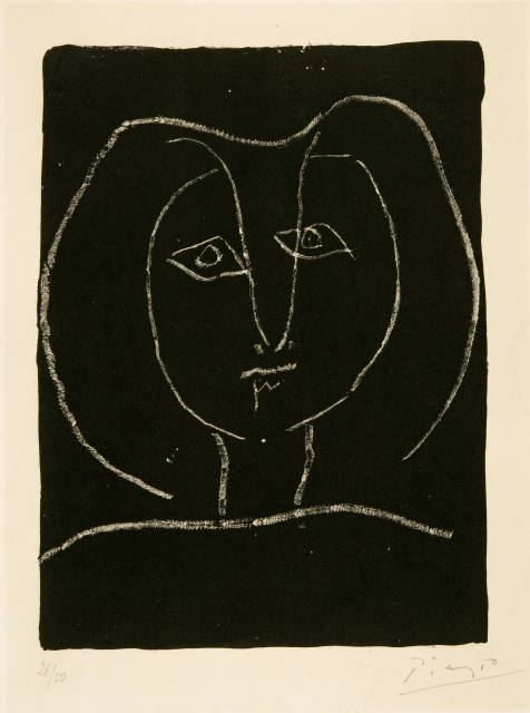Pablo Picasso  : Tête de femme stylisée fond noir , 2 November 1945