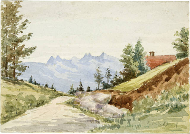 Albert Anker : Feldstrasse mit Blick auf die Berner Alpen (..., 1889