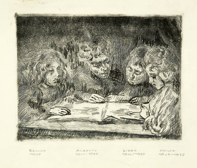 Giovanni Giacometti : Alberto, Diego, Ottilia und Bruno beim Lesen, Circa 1912
