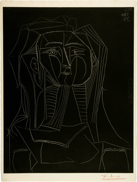 Pablo Picasso : Tête sur fond noir, 9 May 1953
