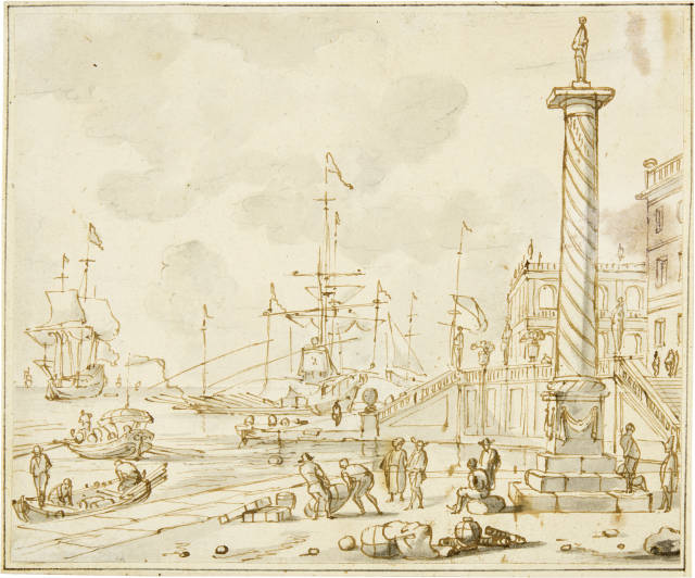 Abraham Storck : Ladekai in Italien, mit Kolonne und Palast ..., Circa 1670