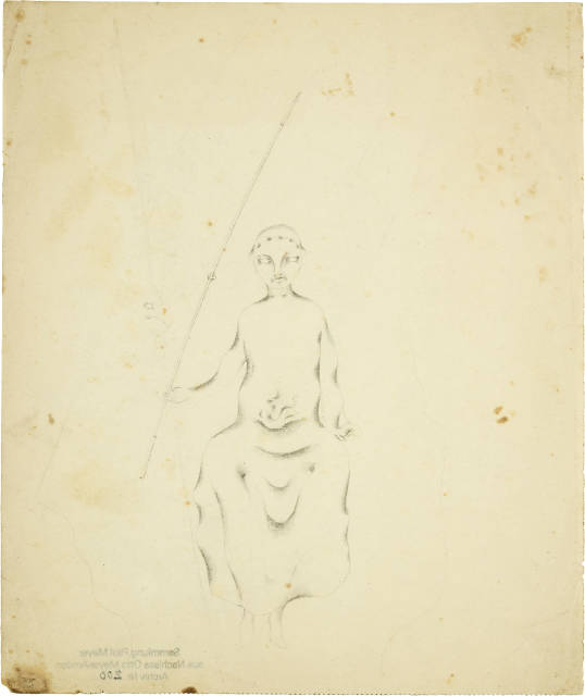Otto Meyer-Amden : Frontal, sitzender Knabenakt mit Stab in ..., 1913-1917