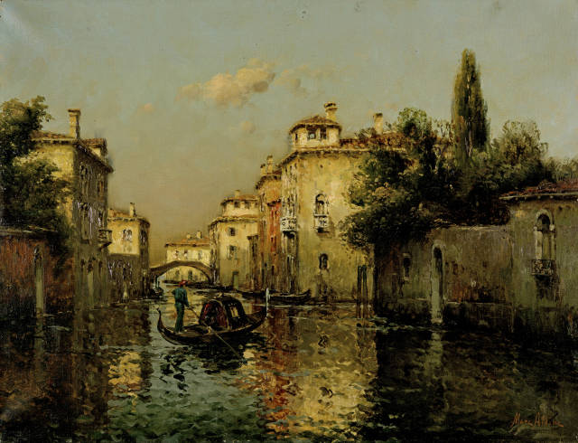 Marc Aldine (Antoine Bouvard) : Kanal mit Gondel, Venedig,  