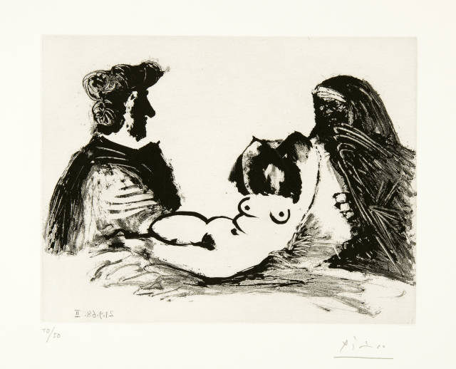 Pablo Picasso  : Célestine, client, et petite Maja nue sans  ..., Mougins, 21 September 1968