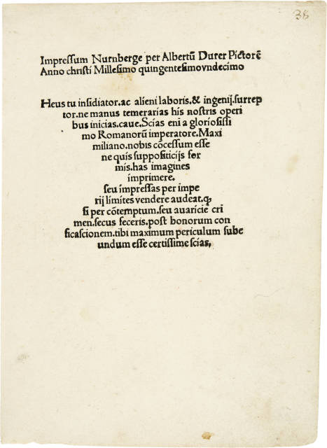 Albrecht Dürer  : Impressum Nurnberge per Albertu Durer  ..., 1510