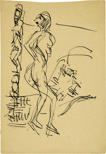 Ernst Ludwig Kirchner : Stehender weiblicher Akt neben geschnitztem ..., Around 1924