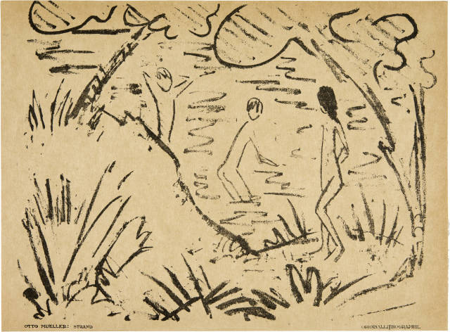 Otto Mueller  : Zwei Knaben im Wasser und ein Mädchen am  ..., 1918