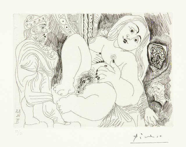 Pablo Picasso : Vieil homme drapé, Célestine et fille, Mougins, 11 March 1971
