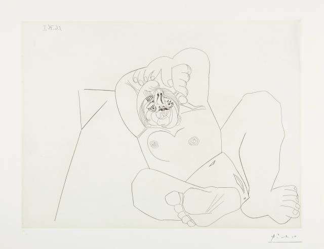 Pablo Picasso : Femme au grand nez, en raccourci, sur lit, Mougins, 1 June 1971