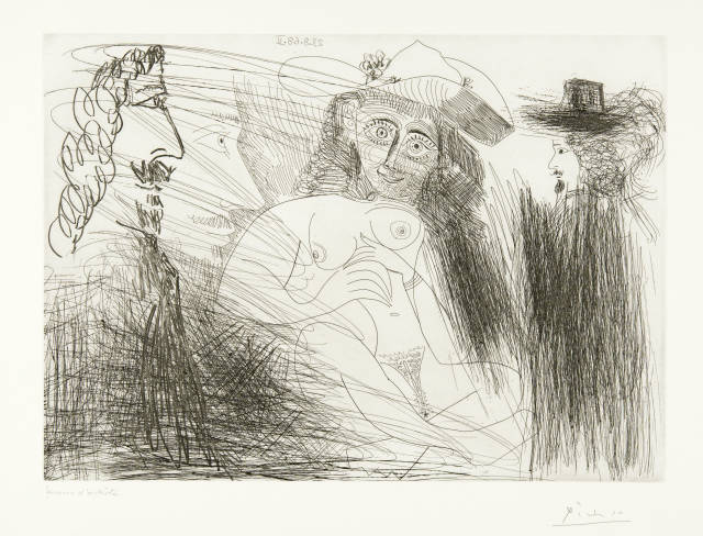 Pablo Picasso : Peintre, modèle au chapeau de paille, et ..., Mougins, 23 August 1968