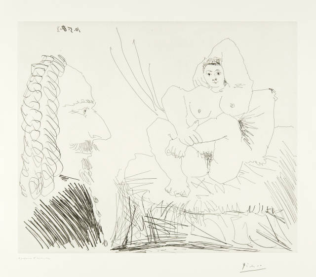 Pablo Picasso : Courtisane au lit avec un visiteur, Mougins, 10 May 1968
