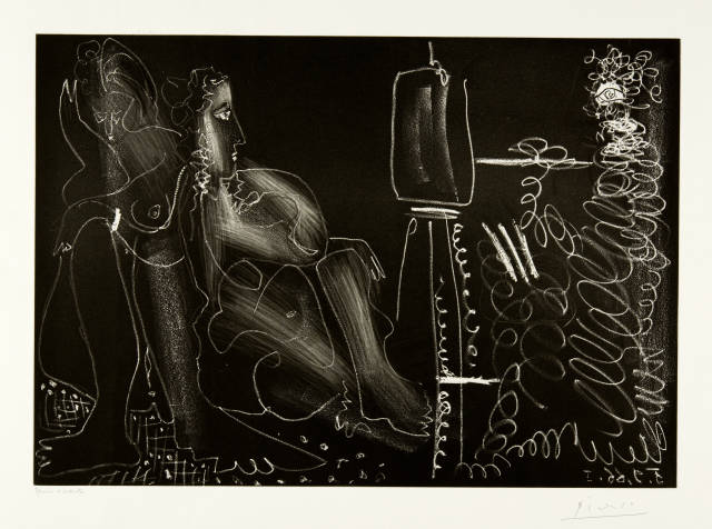 Pablo Picasso : Peintre à son chevalet avec deux femmes ..., Mougins, 5 September 1966