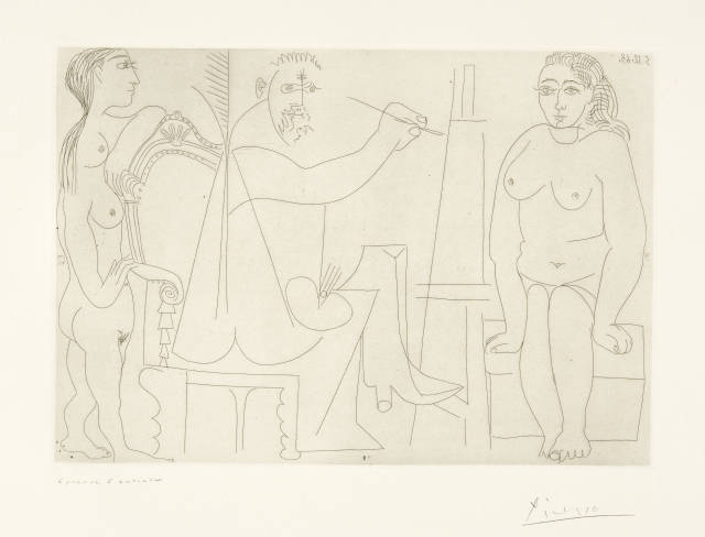 Pablo Picasso : Peintre au fauteuil, modèle et spectatrice, Mougins, 5 December 1963