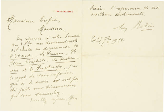 Auguste Rodin  : Handschriftlicher Brief , 1911 