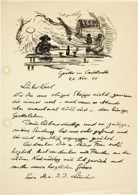 Jean-Jacques Lüscher  : Handschriftlicher Brief mit Zeichnung Grotto  ..., 16398