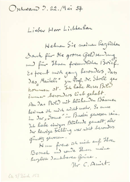 Cuno Amiet : Handschriftlicher Brief an Lucas Lichtenhan, 1954
