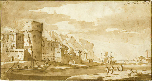 Jacob van der Ulft : Italienische Hafenszene nahe einer Flussmü..., 1689