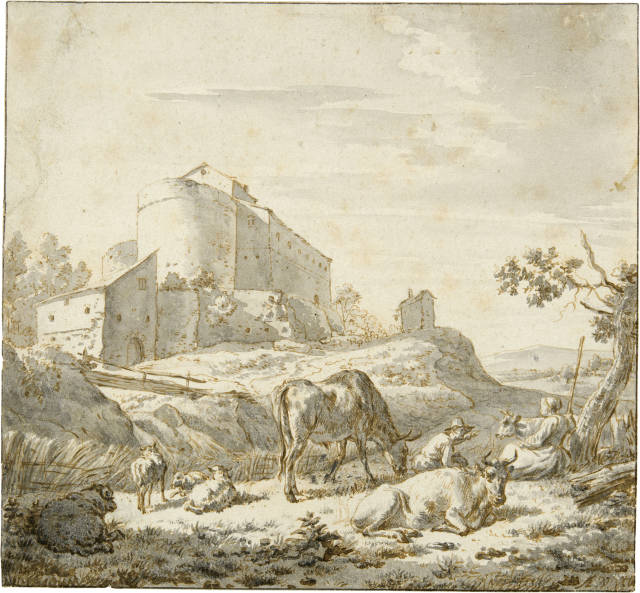 Adriaen van de Velde : Hirtenpaar mit Kühen und Schafen vor ..., Circa 1666