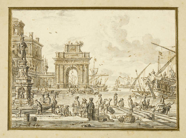 Jacobus Storck : Italienische Hafenlandschaft, links mit ..., 1680