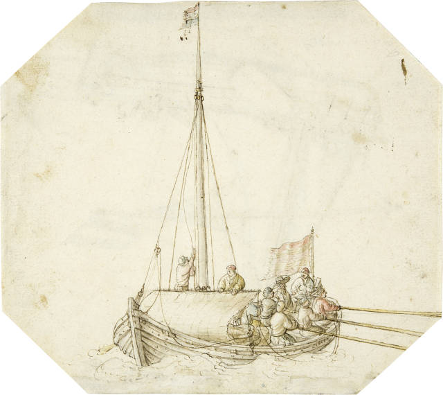 Hendrick Avercamp - Zugeschrieben  : Vollbesetztes Ruderboot mit zwei Männern,  ..., Circa 1620