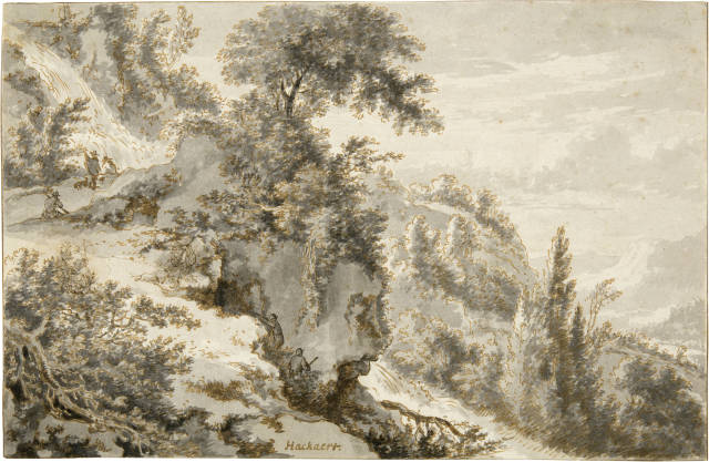 Jan Hackaert  : Wasserfall in einer felsigen Landschaft, mit  ..., 1653-1658
