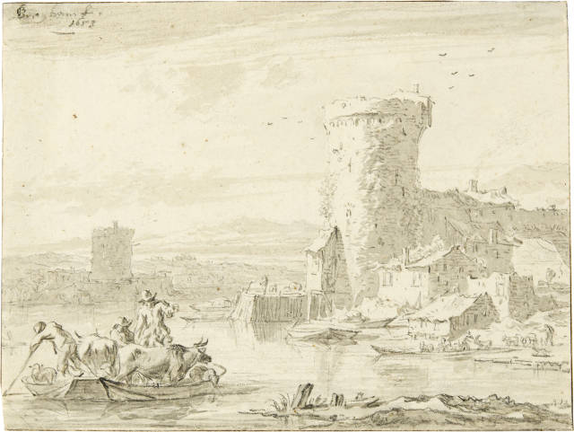 Nicolaes Berchem : Italienische Küstenlandschaft mit Turm und ..., 1653