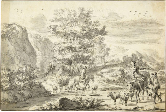 Nicolaes Berchem - Umkreis : Italienische Landschaft, mit Hirten an einer ..., Circa 1660