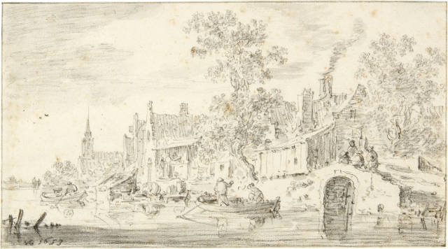 Jan van Goyen : Holländische Stadt an einem Ufer, rechts ..., 1653