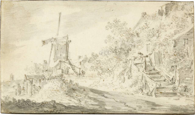 Jan van Goyen : Windmühle, Bauernhäuser und Gebüsch, 1653