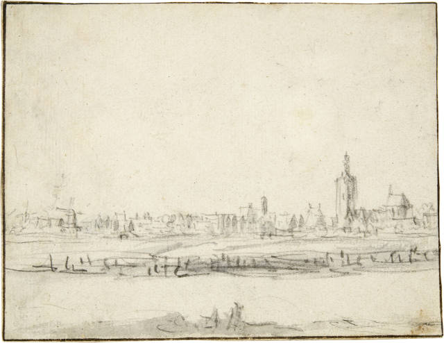 Jan van Goyen : Silhouette von Den Haag, mit der Jakobskerk ..., Circa 1650