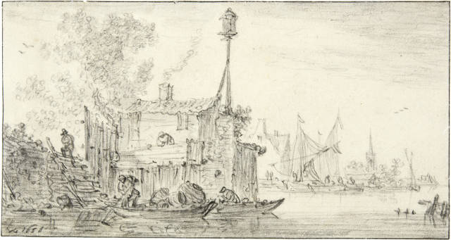 Jan van Goyen : Landende Boote mit Staffage vor einem Haus ..., 1651