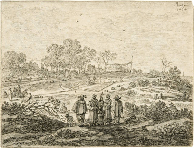 Pieter Molijn : Vogelfänger auf freiem Feld, im Vordergrund ..., 1654
