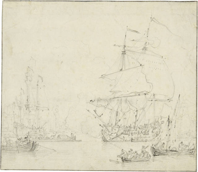 Willem van de Velde d.J. : Kriegsschiff, begleitet von Booten, Circa 1680