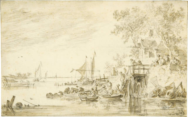 Jan van Goyen : Blick auf einen breiten Fluss mit Booten und ..., 1651
