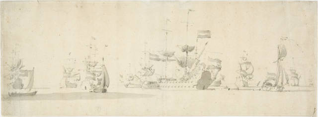 Willem van de Velde d.J. : Kriegsschiff, mit Kanonen auf zwei Etagen, ..., Circa 1680