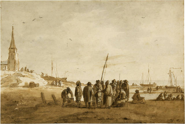 Simon de Vlieger  : Grosse Figurengruppe am Strand, mit Booten,  ..., 1632