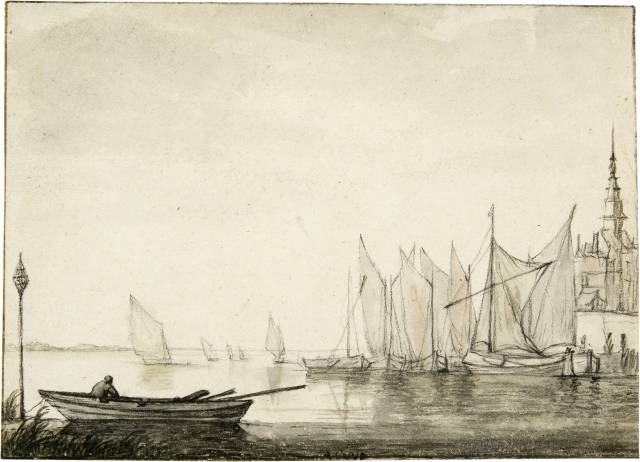 Aelbert Cuyp : Die Maas mit Segelschiffen, rechts mit ..., Circa 1645