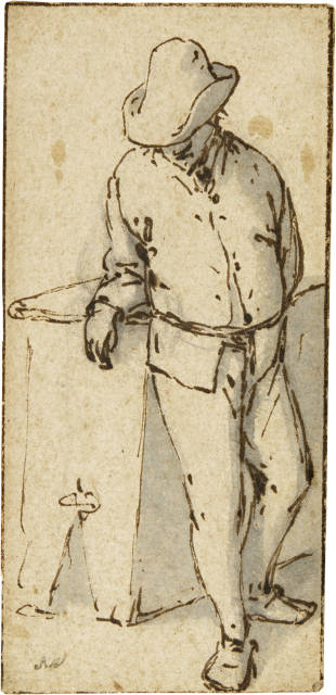 Adriaen van Ostade : Stehender Bauer, sich auf ein Bord stützend, Circa 1660