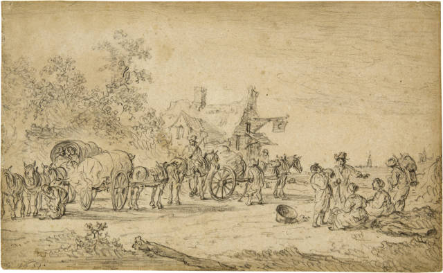 Jan van Goyen  : Drei Pferdewagen und andere Figuren vor  ..., 1651 