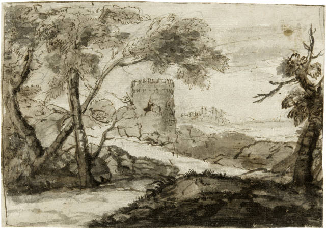 Claude Gellée, genannt Le Lorrain  : Paysage à la grande tour , Circa 1635-1637
