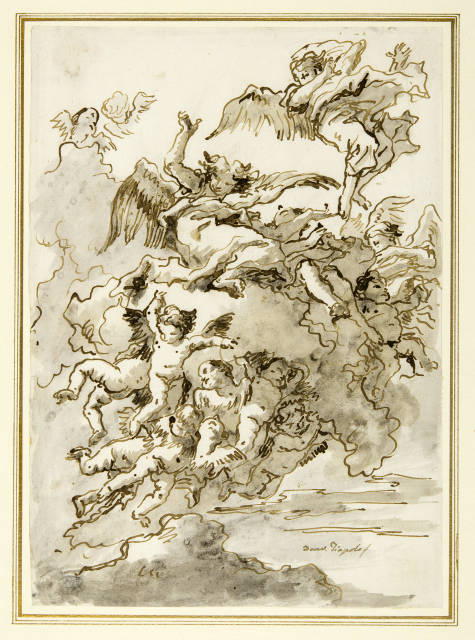 Giovanni Domenico Tiepolo : Eine auf Wolken fliegende Engelschar, Circa 1770