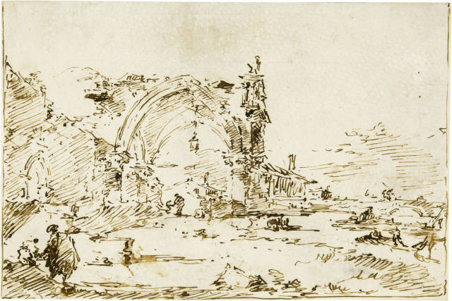 Francesco Guardi : Capriccio con arco rovinato e mura di paese,  